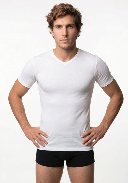 CAMISETA DE MANGA CORTA ESCOTE EN V ALGODÓN BLANCO DE HOMBRE