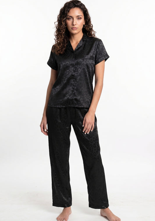 PIJAMA PANTALON DE SATIN NEGRO DE MUJER